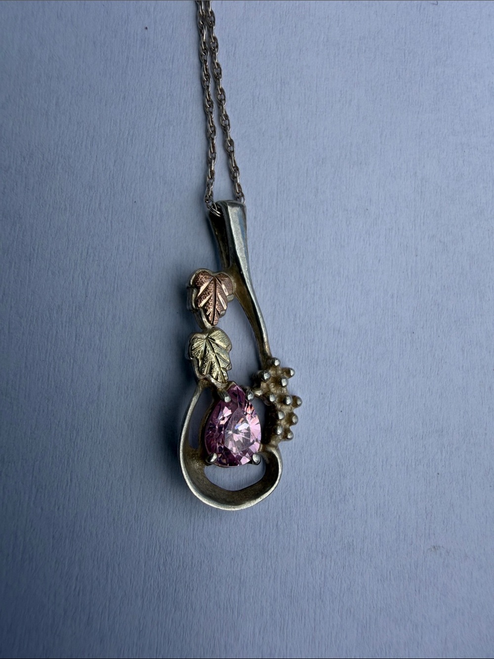 Pink Teardrop Pendant Necklace with Leaf Accents